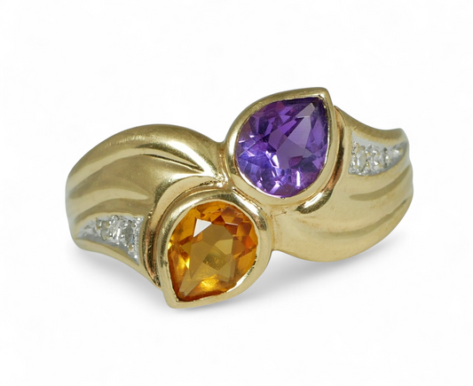 Solid 9ct Yellow Gold Amethyst Citrine Diamond Toi et Moi Dress Ring Size 7 N 54