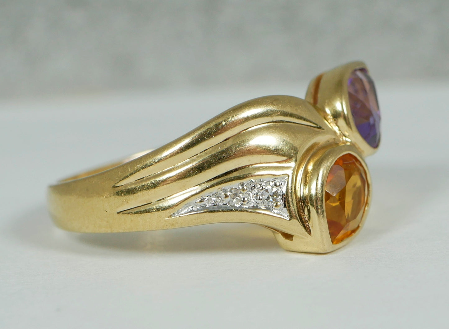 Solid 9ct Yellow Gold Amethyst Citrine Diamond Toi et Moi Dress Ring Size 7 N 54