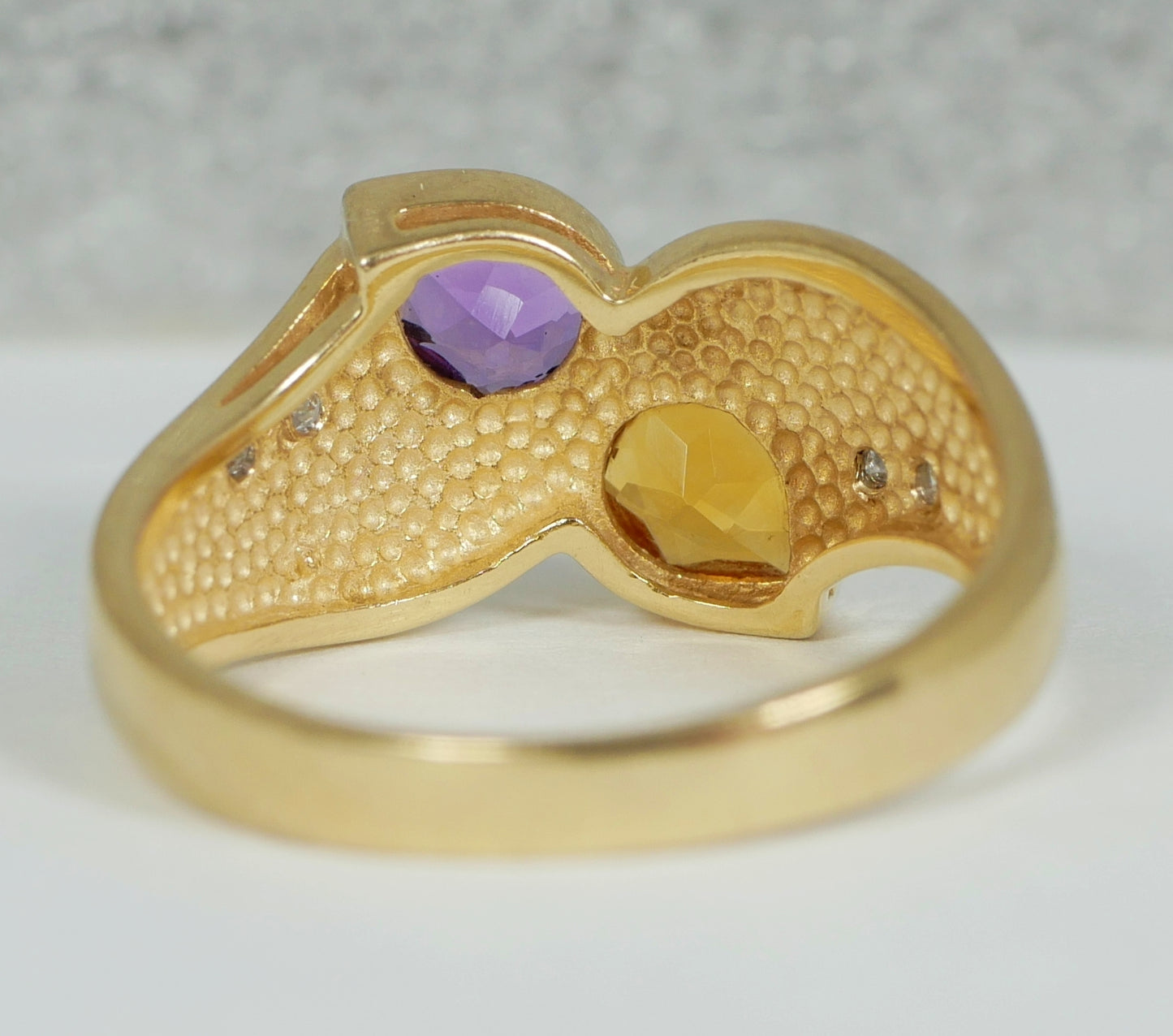 Solid 9ct Yellow Gold Amethyst Citrine Diamond Toi et Moi Dress Ring Size 7 N 54