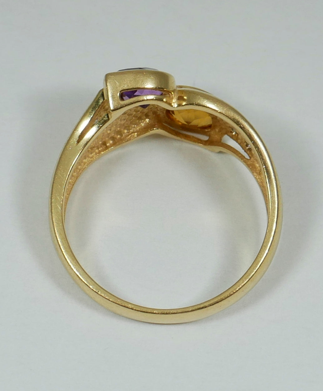 Solid 9ct Yellow Gold Amethyst Citrine Diamond Toi et Moi Dress Ring Size 7 N 54