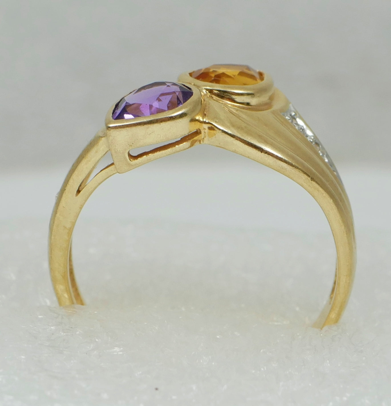 Solid 9ct Yellow Gold Amethyst Citrine Diamond Toi et Moi Dress Ring Size 7 N 54