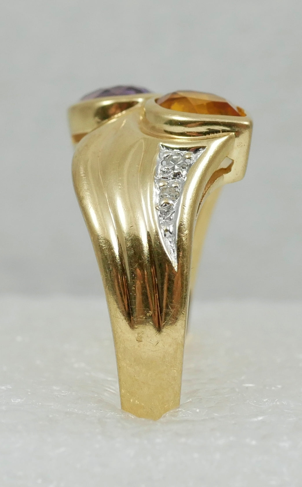 Solid 9ct Yellow Gold Amethyst Citrine Diamond Toi et Moi Dress Ring Size 7 N 54