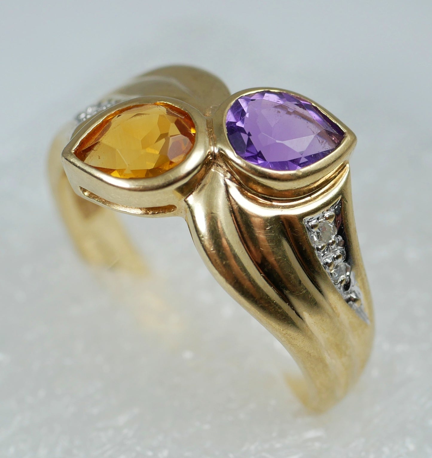 Solid 9ct Yellow Gold Amethyst Citrine Diamond Toi et Moi Dress Ring Size 7 N 54