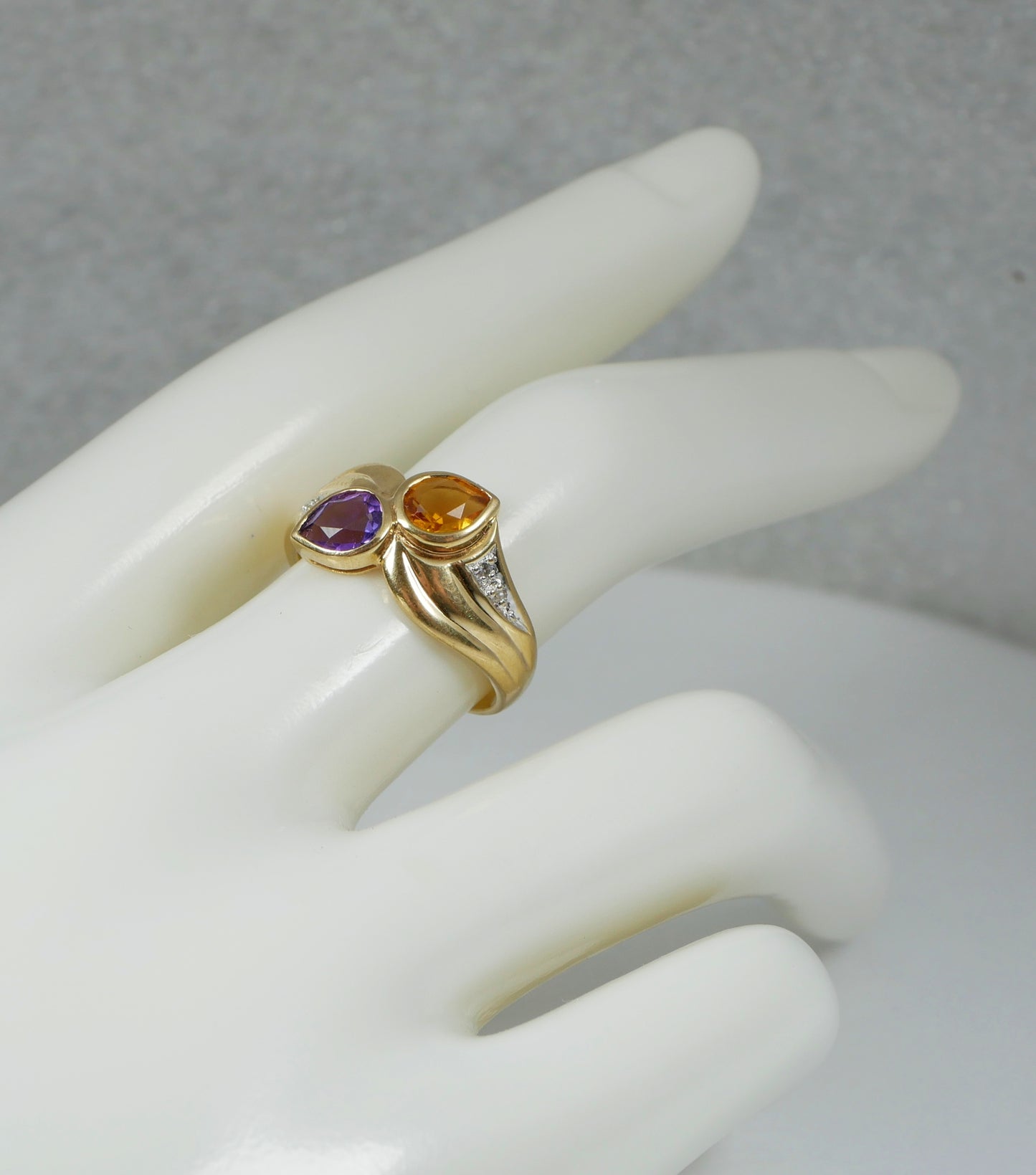 Solid 9ct Yellow Gold Amethyst Citrine Diamond Toi et Moi Dress Ring Size 7 N 54