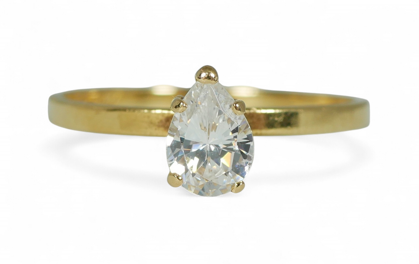 Solid 14ct Yellow Gold Pear Cut White Stone Solitaire Dress Ring Size 8 P 56 585