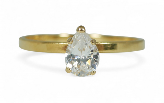 Solid 14ct Yellow Gold Pear Cut White Stone Solitaire Dress Ring Size 8 P 56 585