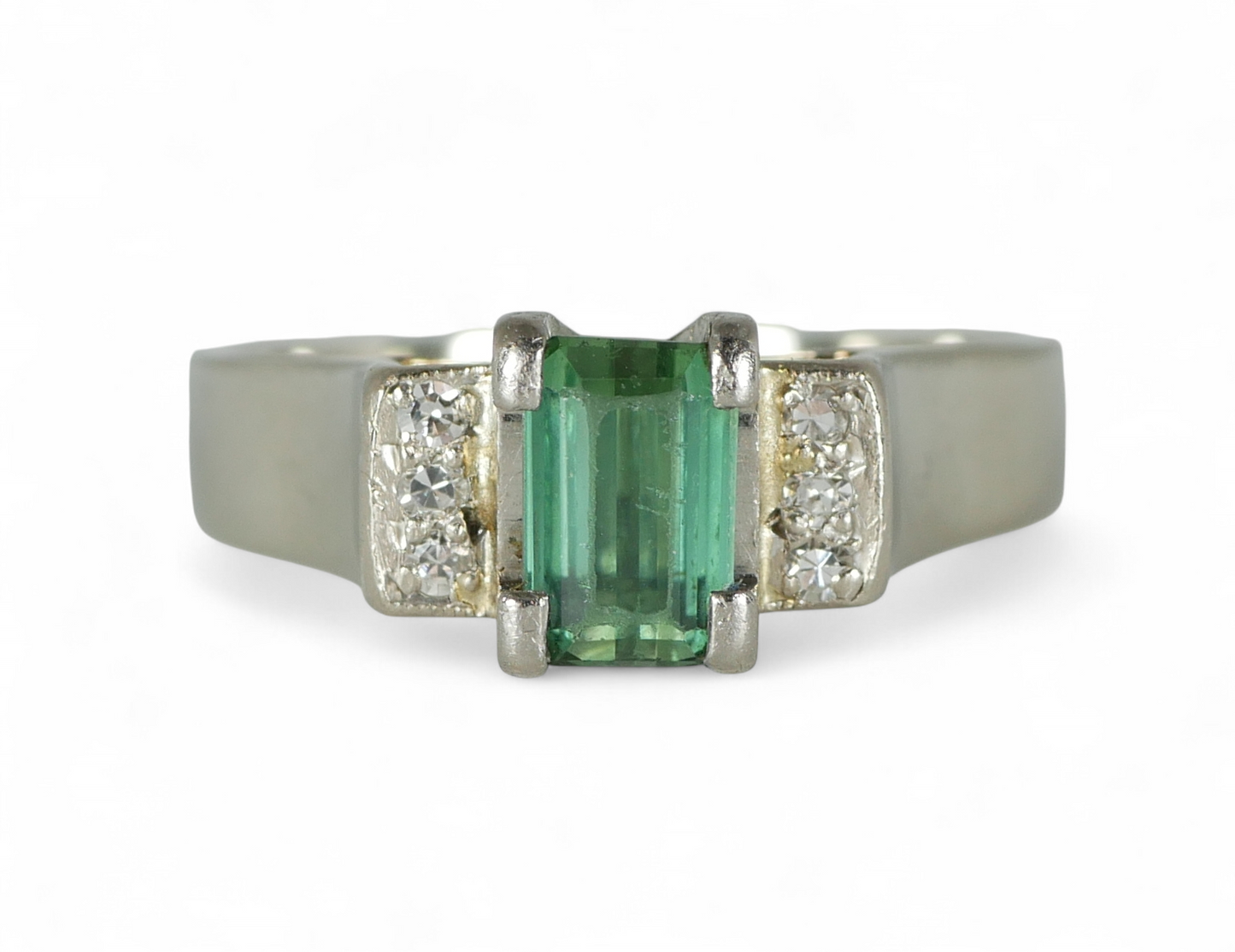 Solid 18ct White Gold Emerald Green Tourmaline Diamond Dress Ring Size 7.5 O 55