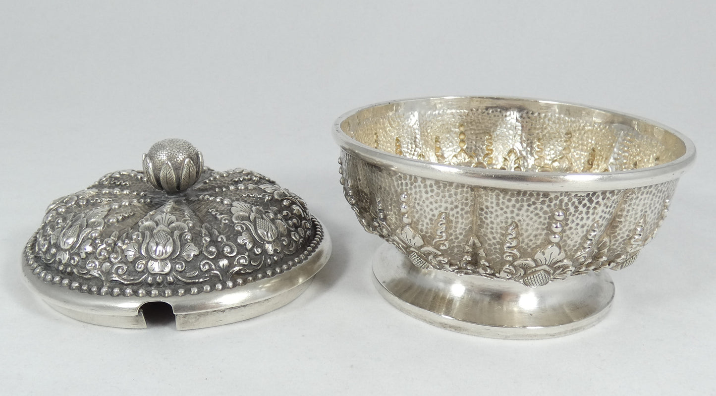 Antique Vintage Indonesian Solid 800 Silver Yogya Sugar Bowl Trinket Dish Lotus