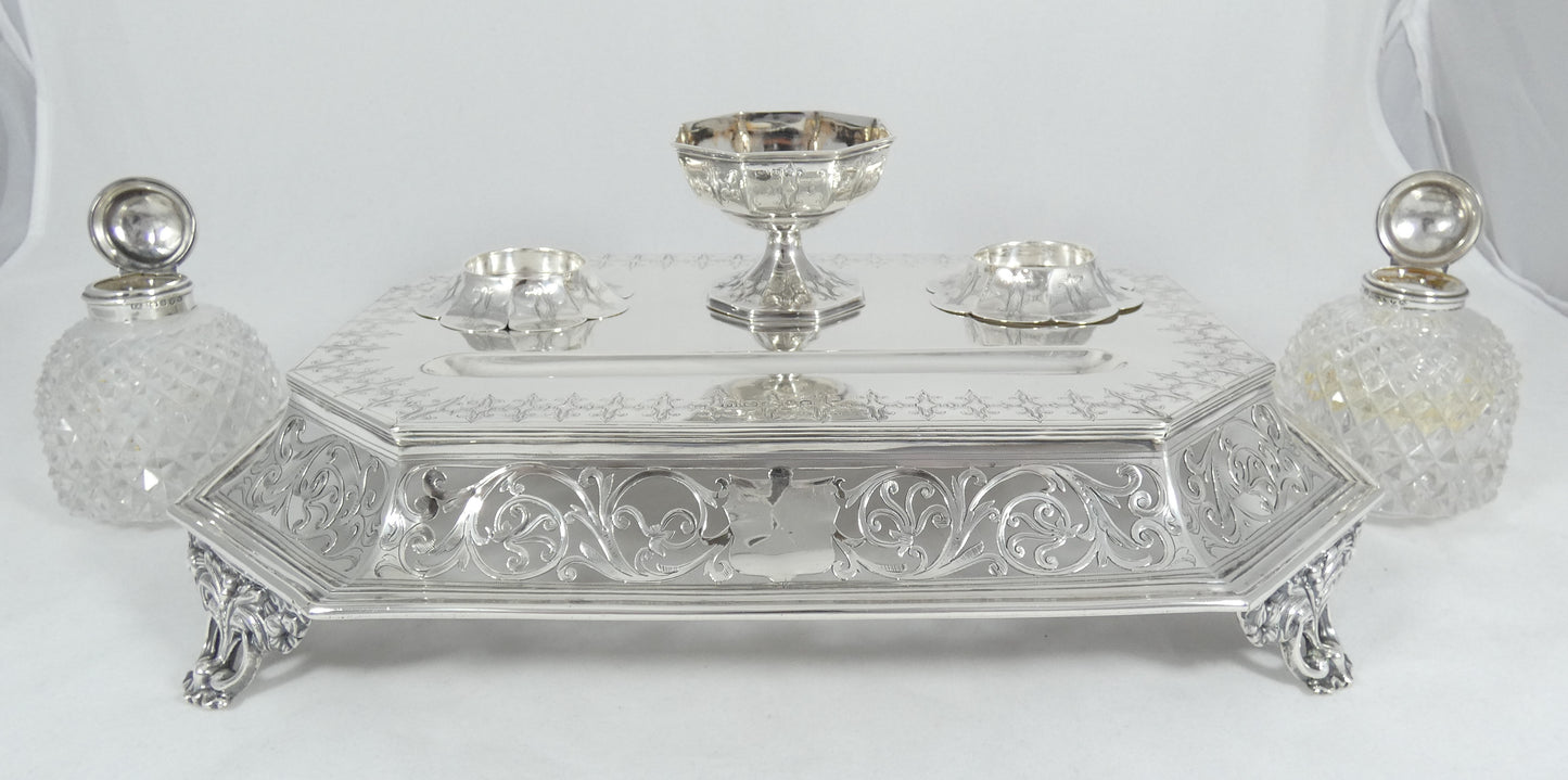 Antique Victorian 1863 Large Sterling Silver Desk Set Standish Inkwell Ink Well