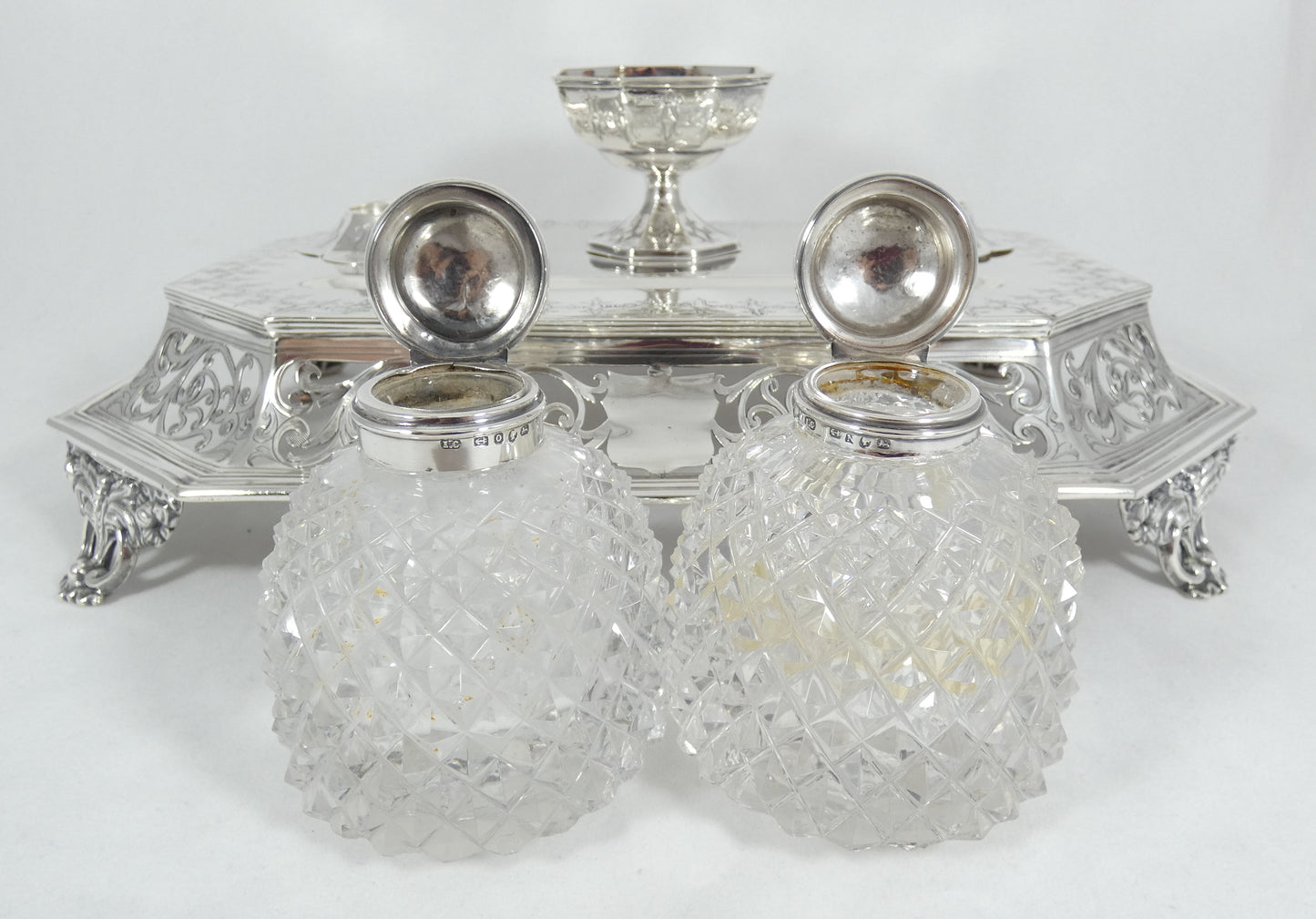 Antique Victorian 1863 Large Sterling Silver Desk Set Standish Inkwell Ink Well
