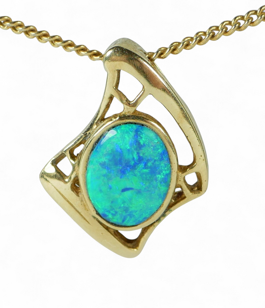 Vintage Solid 14ct Yellow Gold Blue Green Boulder Opal 17mm Necklace Pendant 585