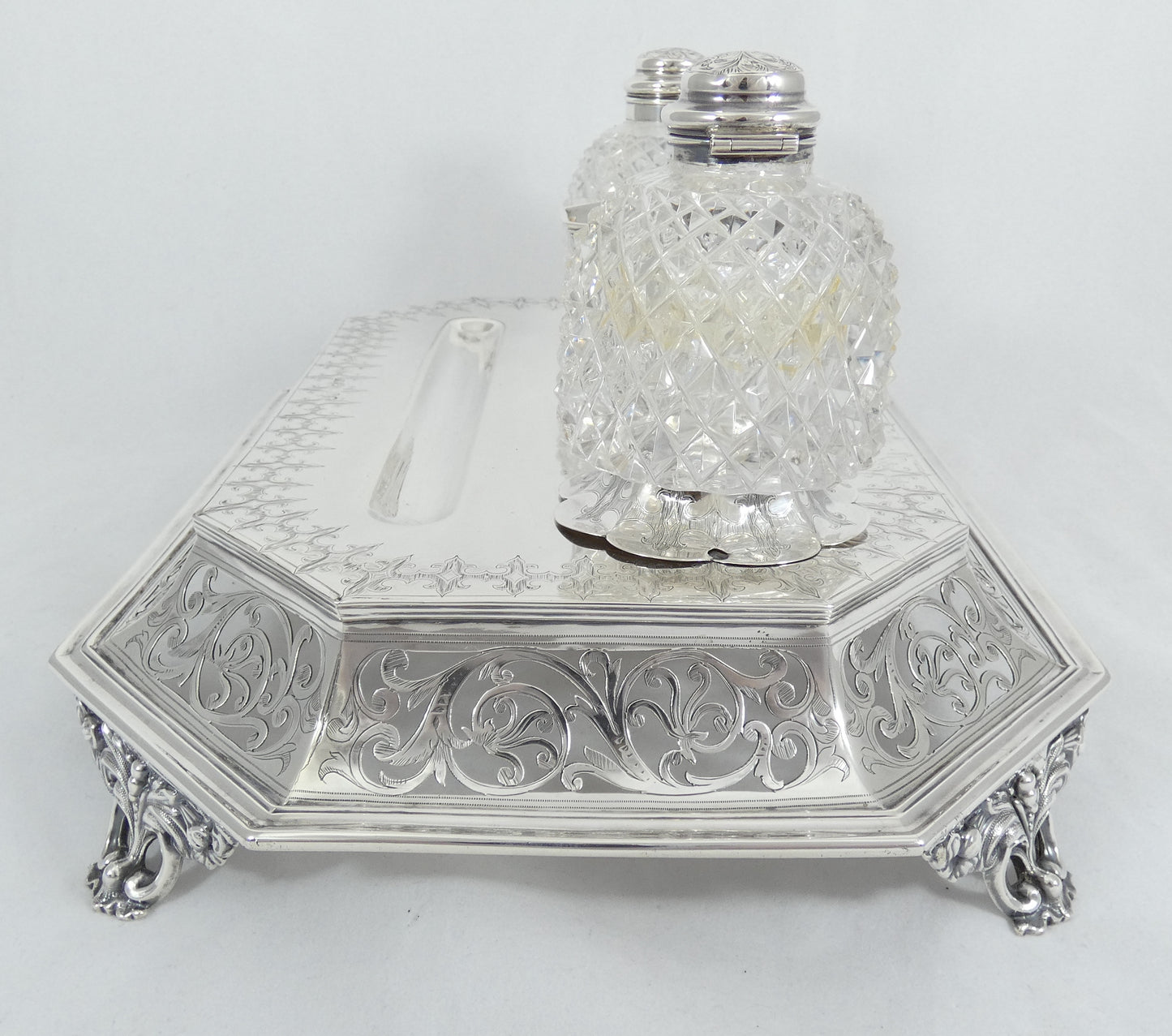 Antique Victorian 1863 Large Sterling Silver Desk Set Standish Inkwell Ink Well
