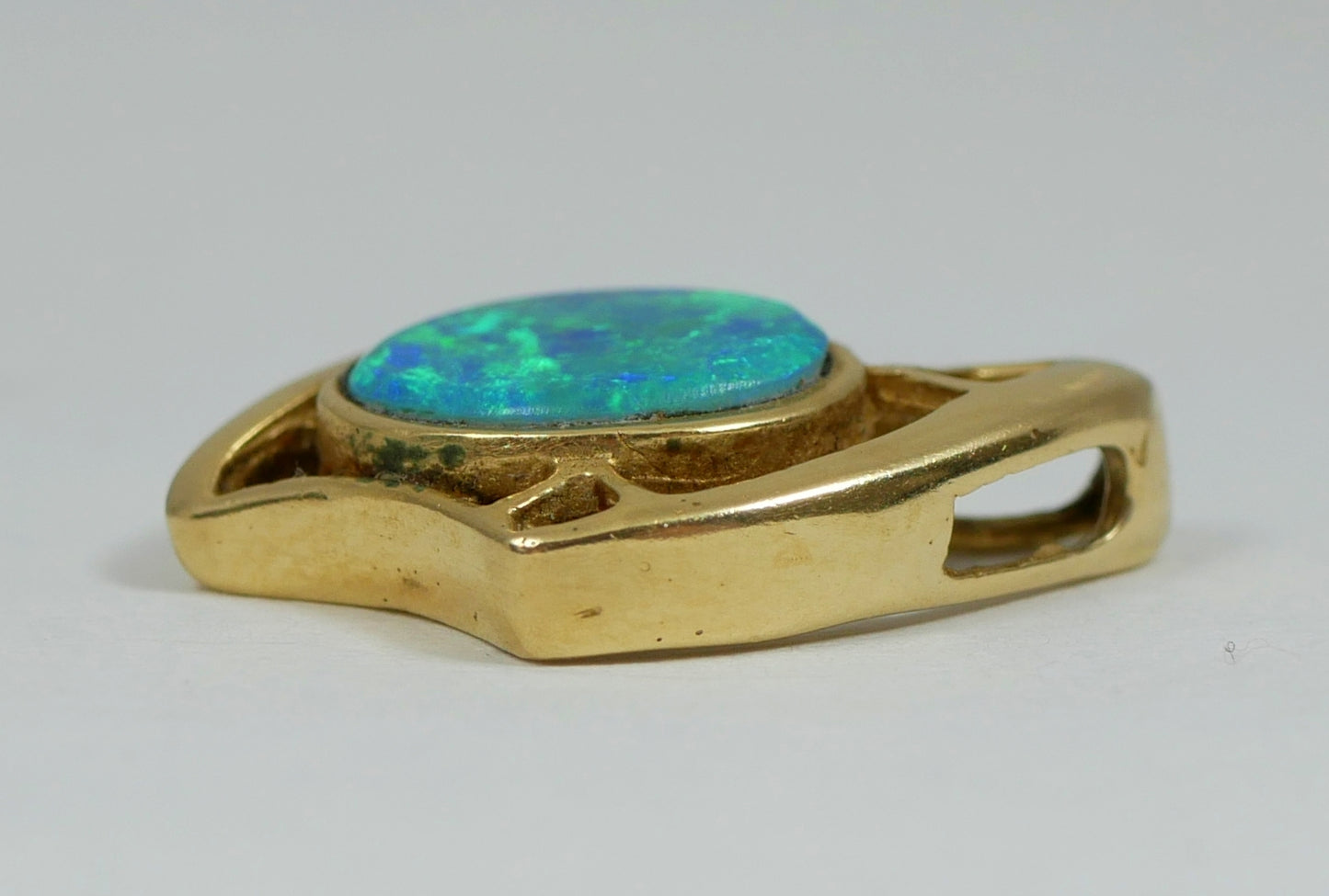 Vintage Solid 14ct Yellow Gold Blue Green Boulder Opal 17mm Necklace Pendant 585