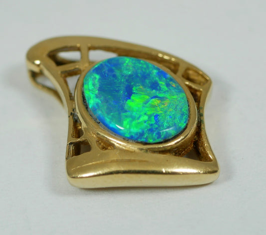 Vintage Solid 14ct Yellow Gold Blue Green Boulder Opal 17mm Necklace Pendant 585