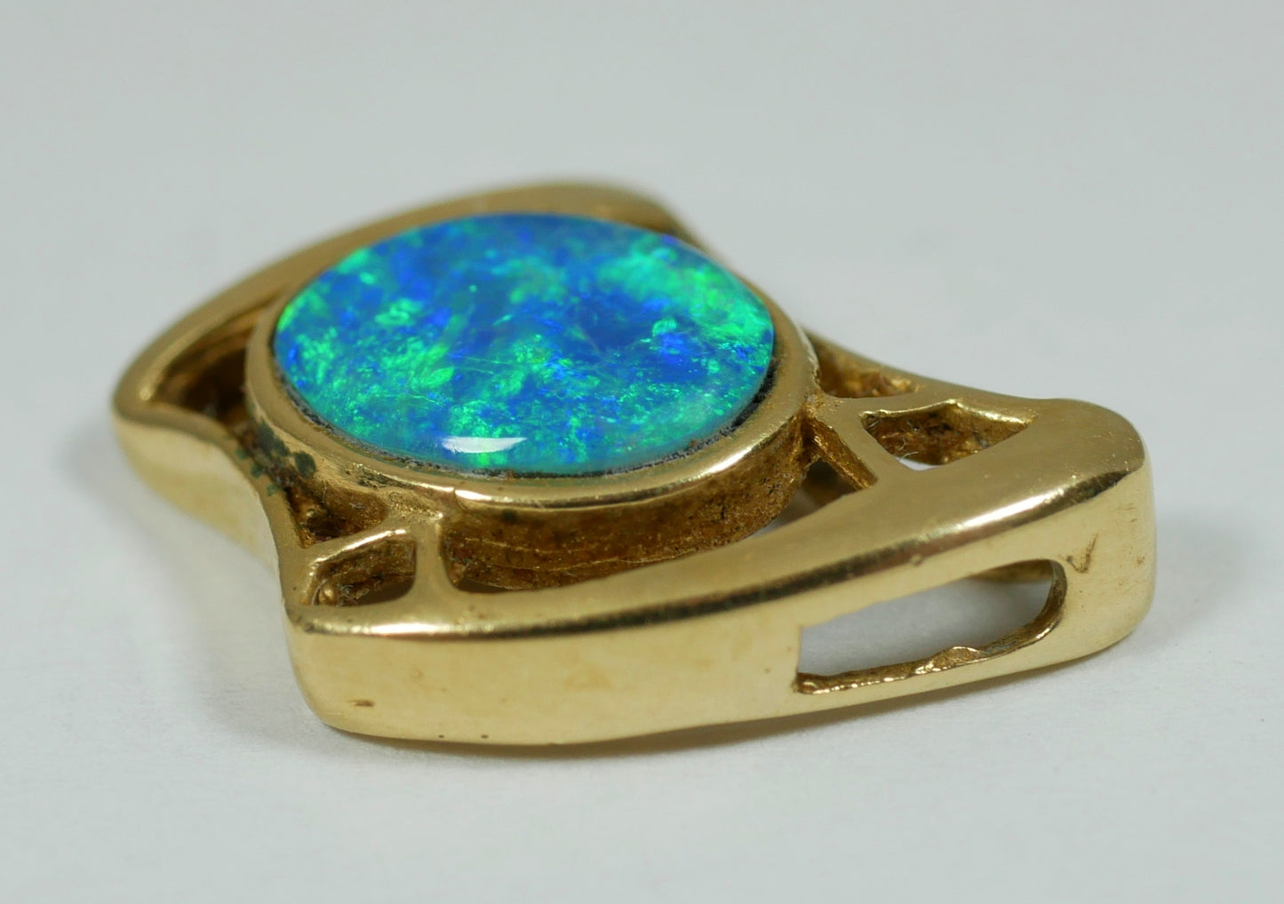 Vintage Solid 14ct Yellow Gold Blue Green Boulder Opal 17mm Necklace Pendant 585