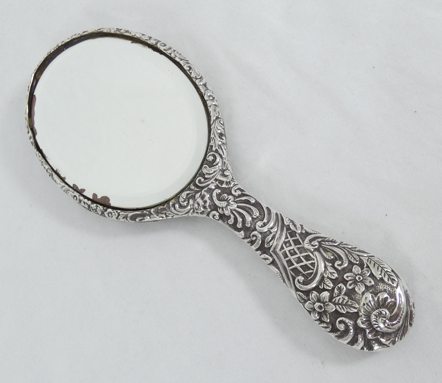 Antique Edwardian 1901 Sterling Silver Repousse Hand Vanity Table Mirror Floral
