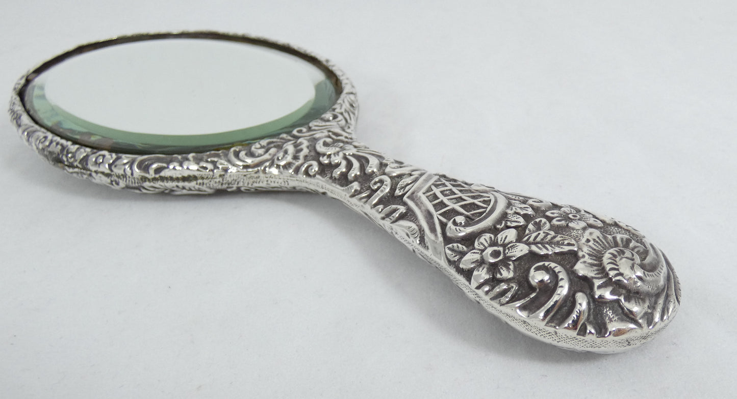 Antique Edwardian 1901 Sterling Silver Repousse Hand Vanity Table Mirror Floral