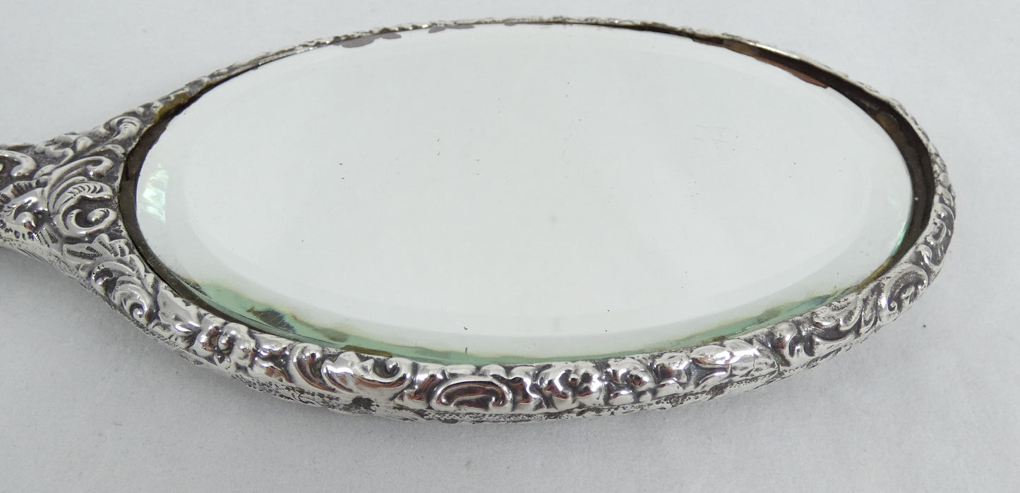 Antique Edwardian 1901 Sterling Silver Repousse Hand Vanity Table Mirror Floral