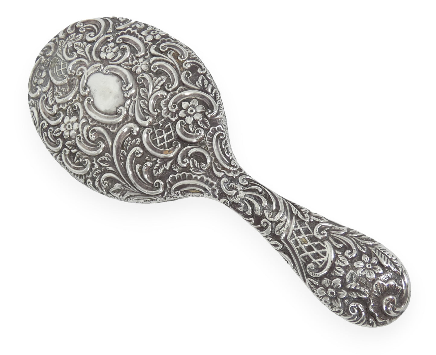Antique Edwardian 1901 Sterling Silver Repousse Hand Vanity Table Mirror Floral