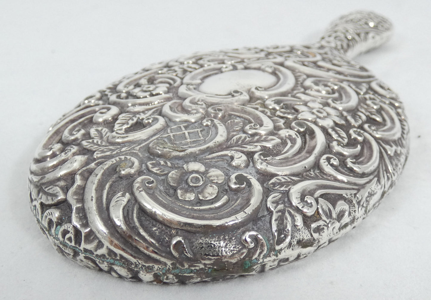 Antique Edwardian 1901 Sterling Silver Repousse Hand Vanity Table Mirror Floral