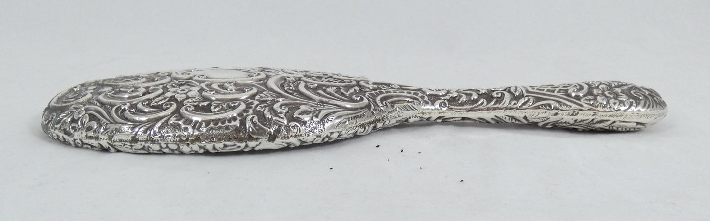 Antique Edwardian 1901 Sterling Silver Repousse Hand Vanity Table Mirror Floral