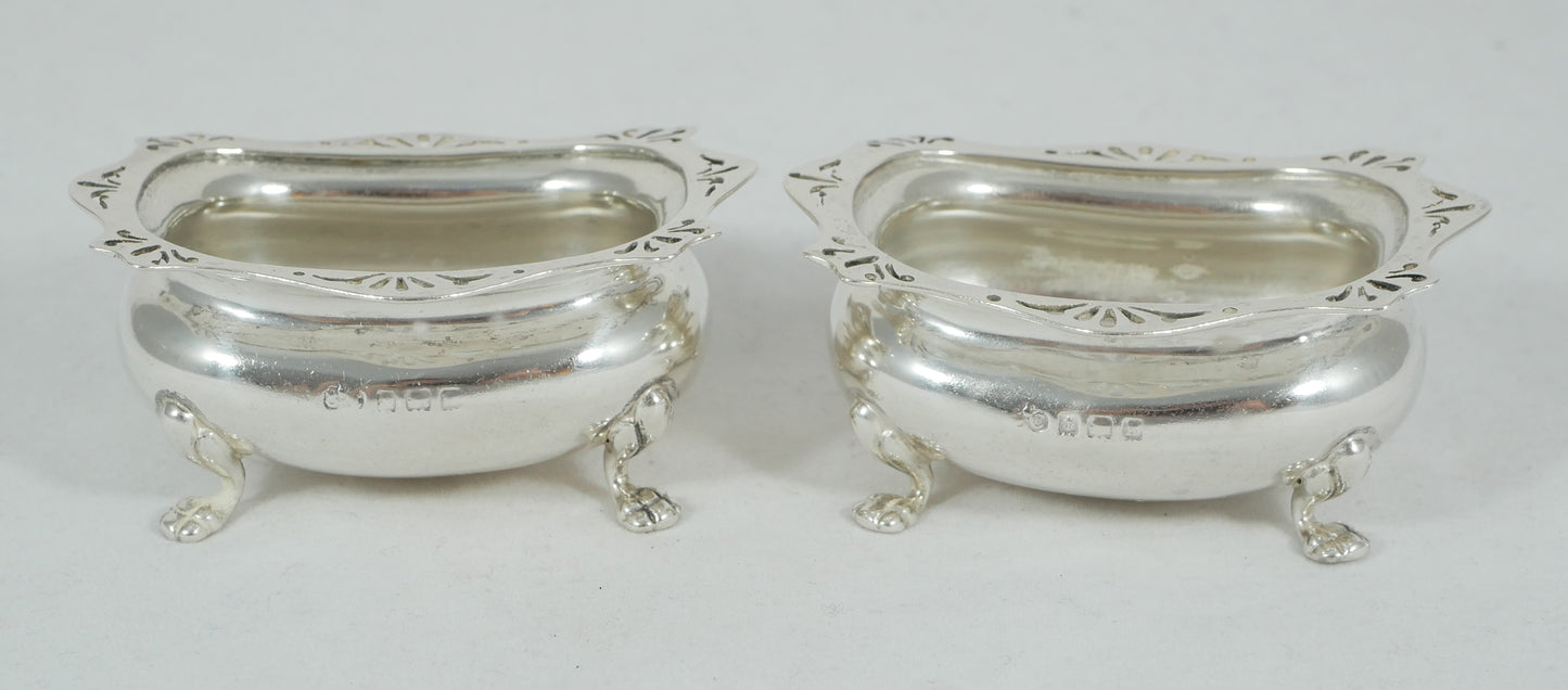 Antique Edwardian 1909 Pair of Sterling Silver Open Salt Cellars Bowls Set E&Co