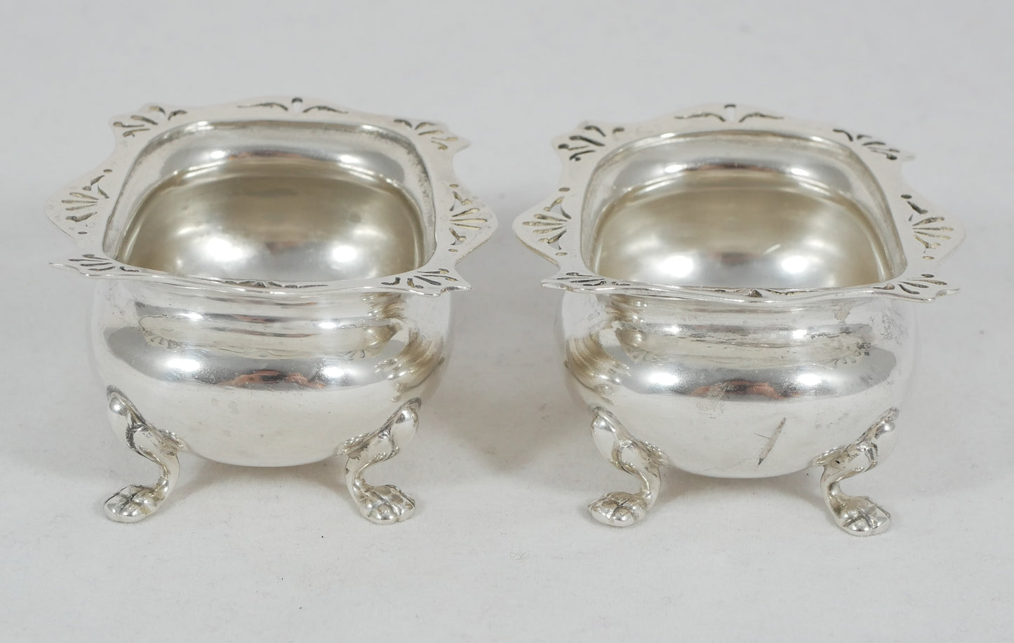 Antique Edwardian 1909 Pair of Sterling Silver Open Salt Cellars Bowls Set E&Co