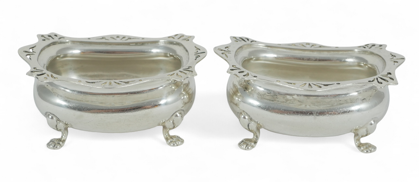 Antique Edwardian 1909 Pair of Sterling Silver Open Salt Cellars Bowls Set E&Co