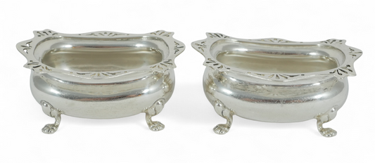 Antique Edwardian 1909 Pair of Sterling Silver Open Salt Cellars Bowls Set E&Co