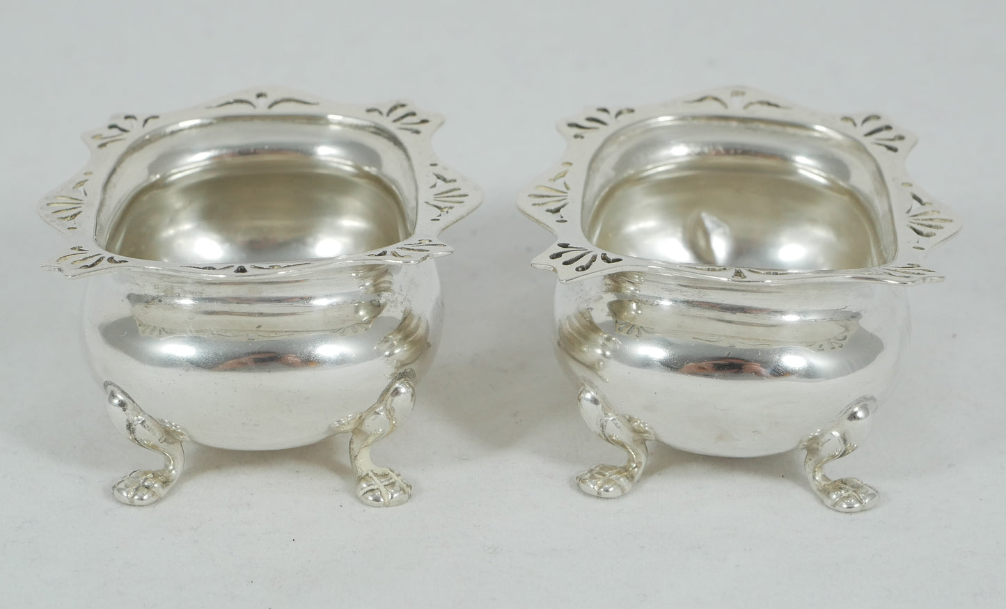Antique Edwardian 1909 Pair of Sterling Silver Open Salt Cellars Bowls Set E&Co