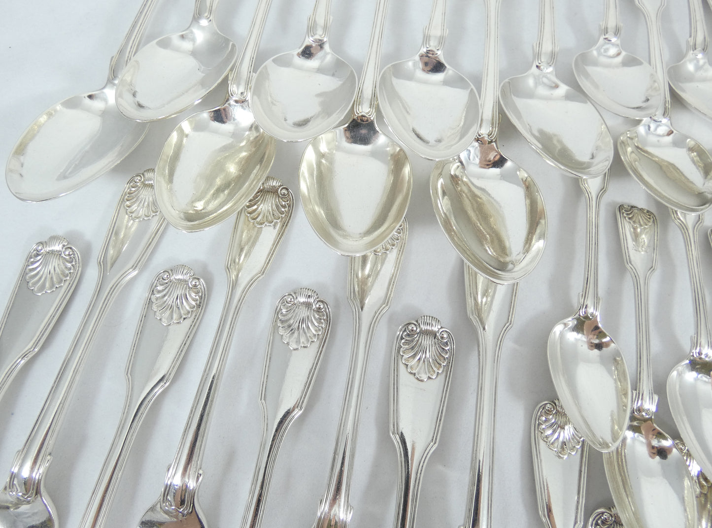 Antique Georgian 1836 42pc 8pl Sterling Silver Cutlery Set Fiddle Thread & Shell