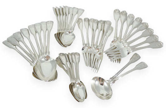 Antique Georgian 1836 42pc 8pl Sterling Silver Cutlery Set Fiddle Thread & Shell