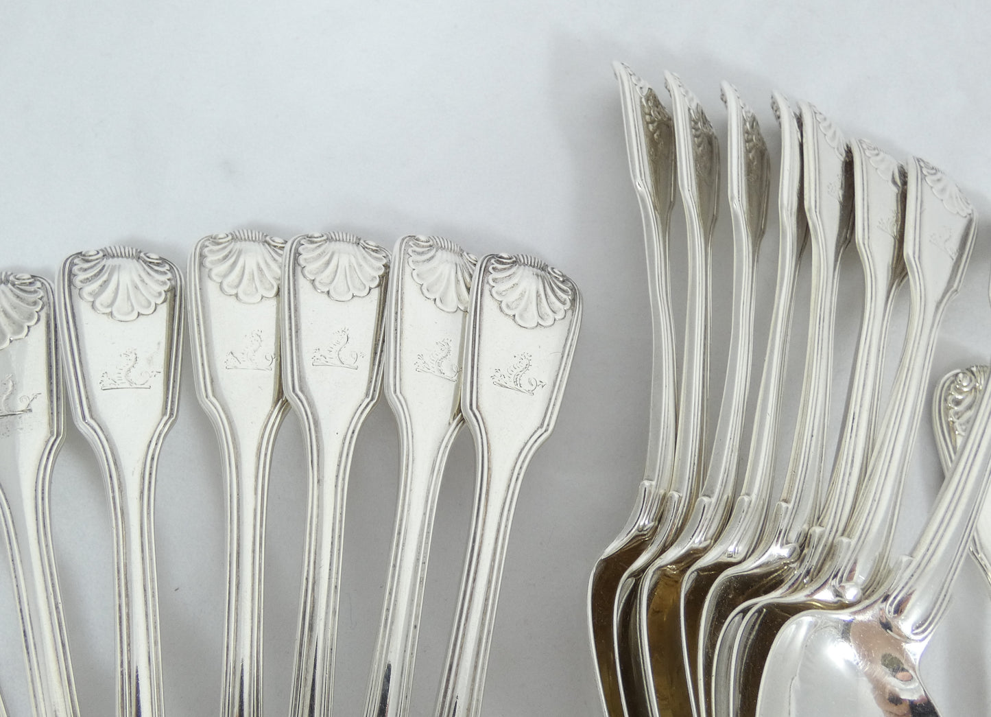 Antique Georgian 1836 42pc 8pl Sterling Silver Cutlery Set Fiddle Thread & Shell