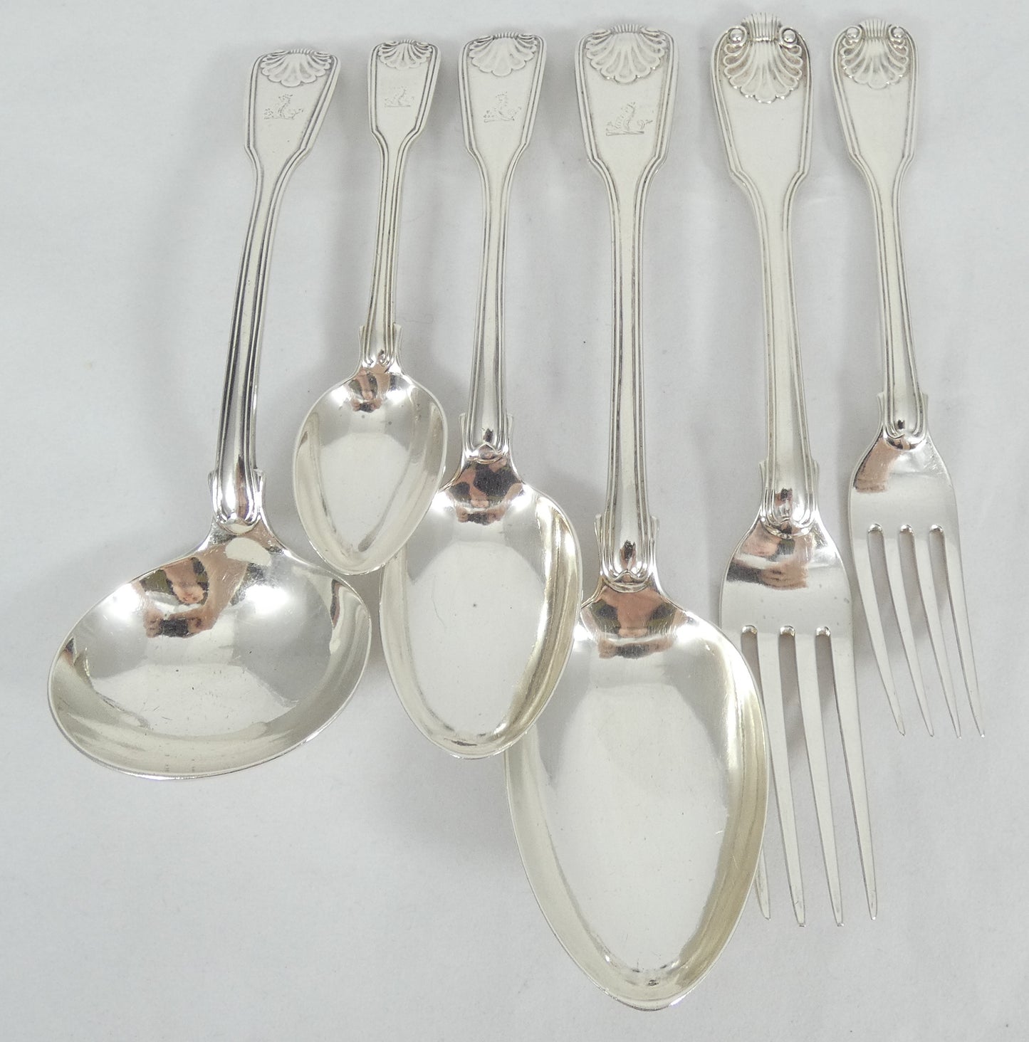 Antique Georgian 1836 42pc 8pl Sterling Silver Cutlery Set Fiddle Thread & Shell