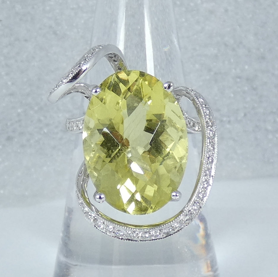 Solid 18ct White Gold Lemon Quartz & Diamond Cocktail Dress Ring Size 6.5 M 52