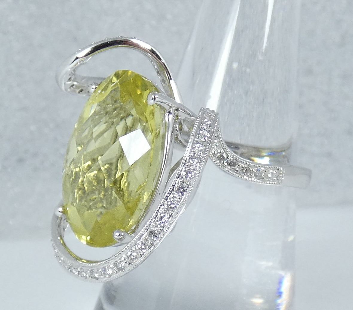 Solid 18ct White Gold Lemon Quartz & Diamond Cocktail Dress Ring Size 6.5 M 52