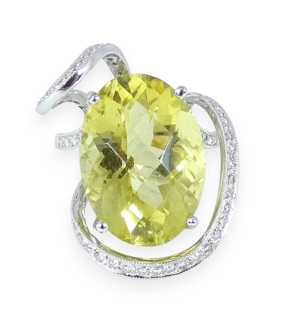 Solid 18ct White Gold Lemon Quartz & Diamond Cocktail Dress Ring Size 6.5 M 52