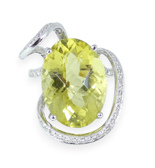 Solid 18ct White Gold Lemon Quartz & Diamond Cocktail Dress Ring Size 6.5 M 52