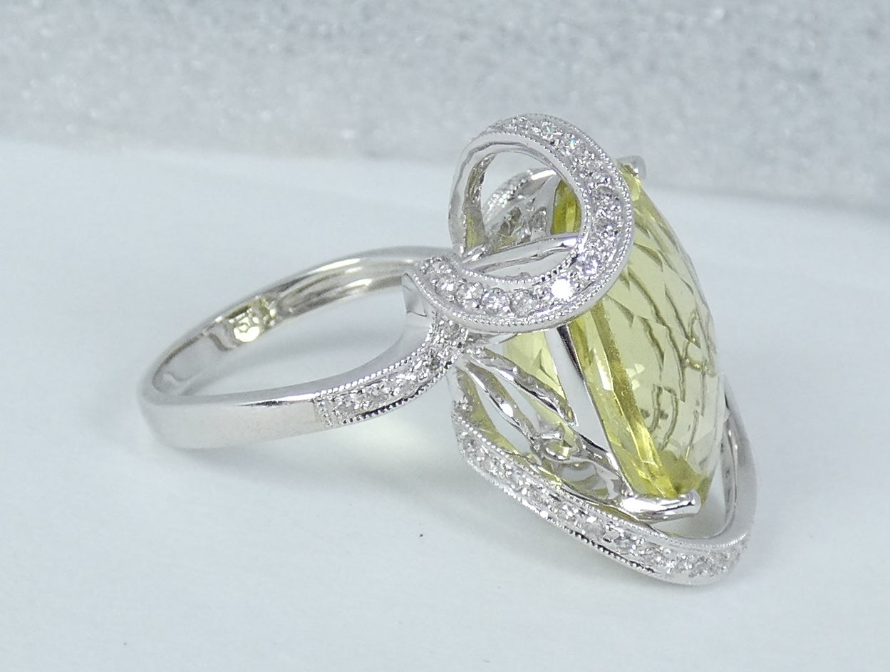 Solid 18ct White Gold Lemon Quartz & Diamond Cocktail Dress Ring Size 6.5 M 52