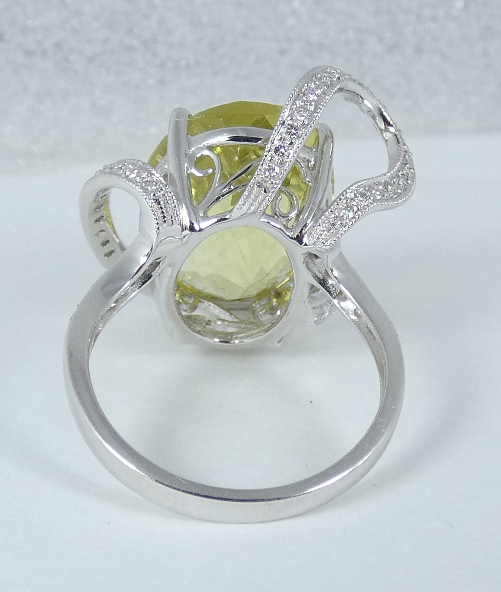 Solid 18ct White Gold Lemon Quartz & Diamond Cocktail Dress Ring Size 6.5 M 52