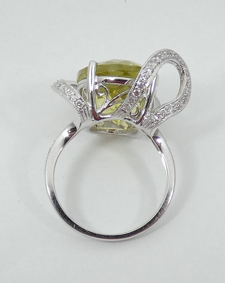 Solid 18ct White Gold Lemon Quartz & Diamond Cocktail Dress Ring Size 6.5 M 52