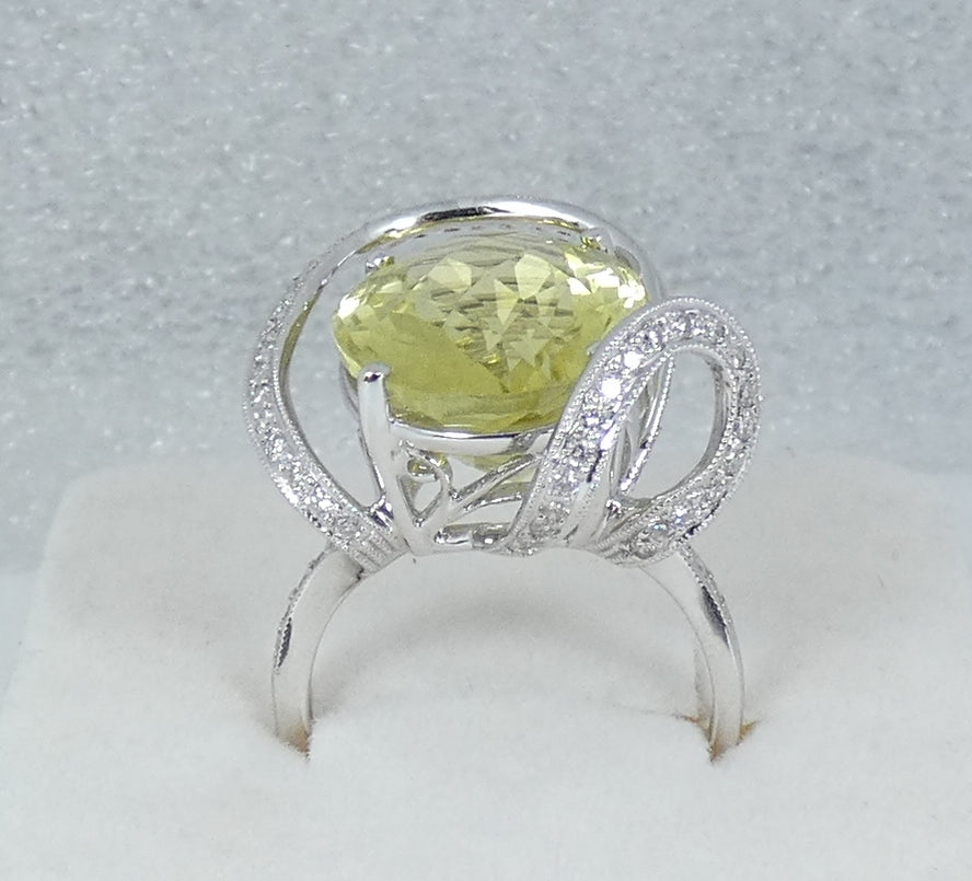 Solid 18ct White Gold Lemon Quartz & Diamond Cocktail Dress Ring Size 6.5 M 52