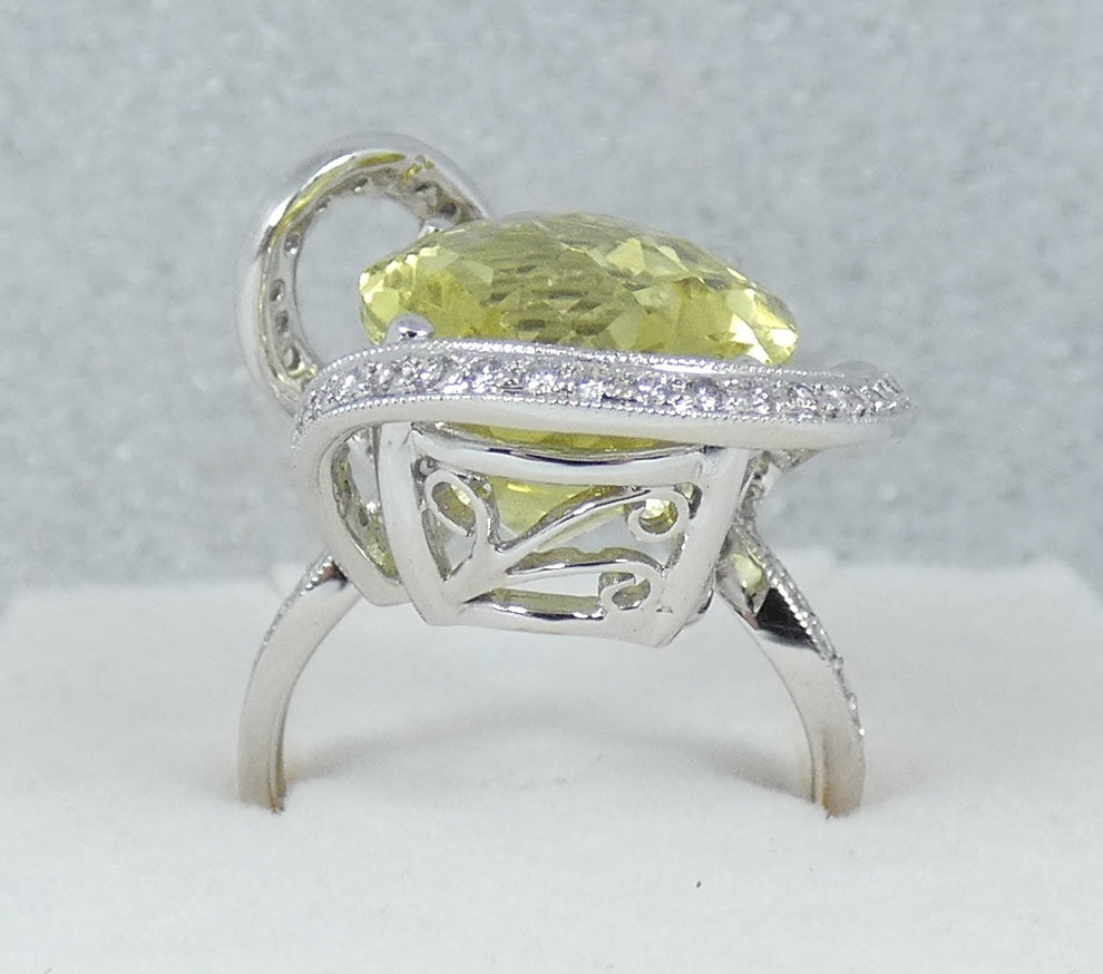 Solid 18ct White Gold Lemon Quartz & Diamond Cocktail Dress Ring Size 6.5 M 52