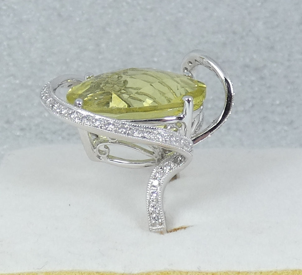 Solid 18ct White Gold Lemon Quartz & Diamond Cocktail Dress Ring Size 6.5 M 52