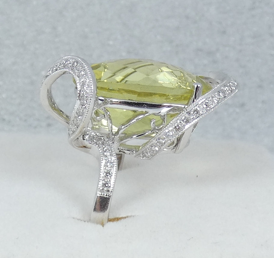 Solid 18ct White Gold Lemon Quartz & Diamond Cocktail Dress Ring Size 6.5 M 52
