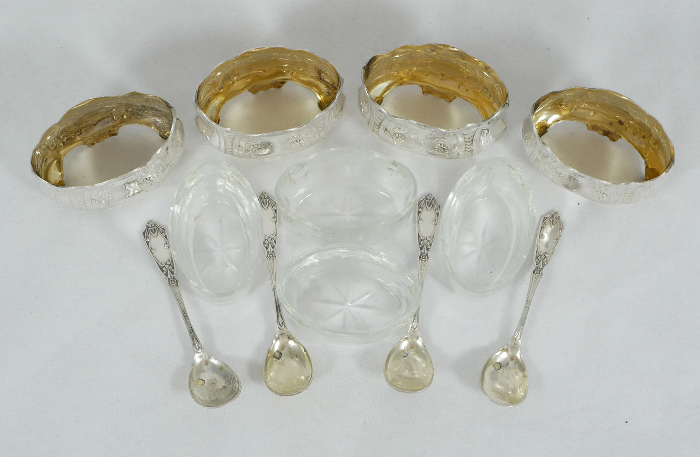 Antique Set of 4 French Sterling Silver Open Salt Cellars Bowls & Spoons Cruet