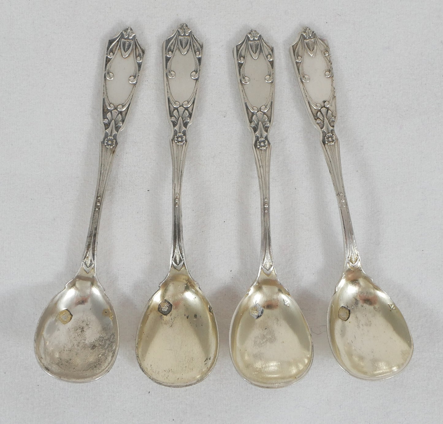 Antique Set of 4 French Sterling Silver Open Salt Cellars Bowls & Spoons Cruet