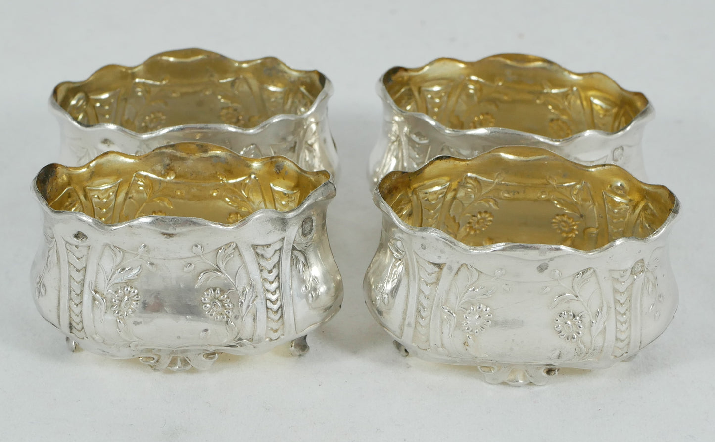 Antique Set of 4 French Sterling Silver Open Salt Cellars Bowls & Spoons Cruet