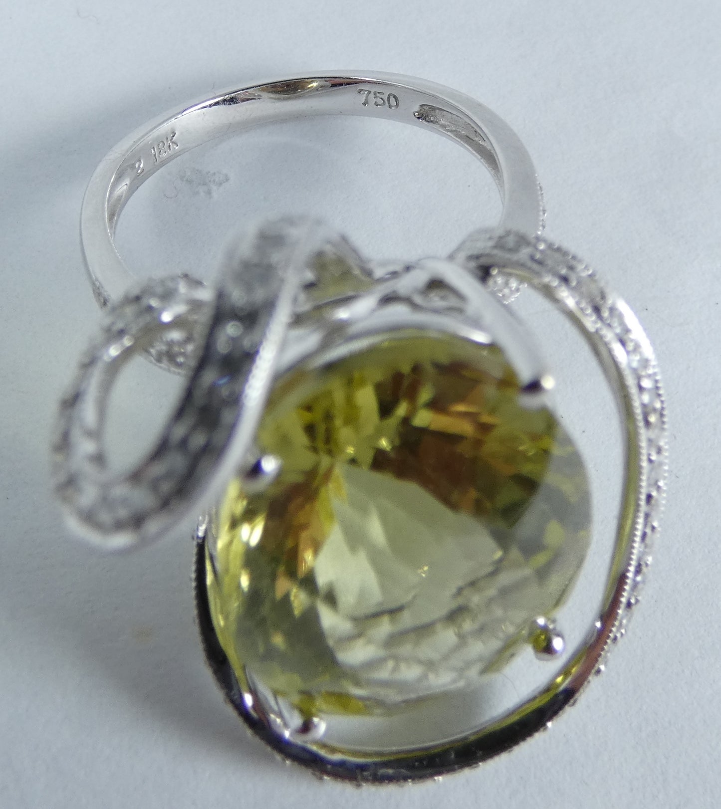 Solid 18ct White Gold Lemon Quartz & Diamond Cocktail Dress Ring Size 6.5 M 52