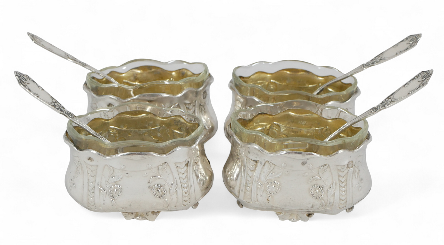 Antique Set of 4 French Sterling Silver Open Salt Cellars Bowls & Spoons Cruet